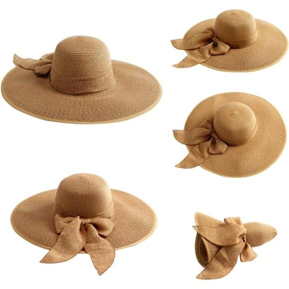 Women\'s Big Bowknot Straw Hat Large Floppy Foldable Roll up Cap, Khaki, 5.5\